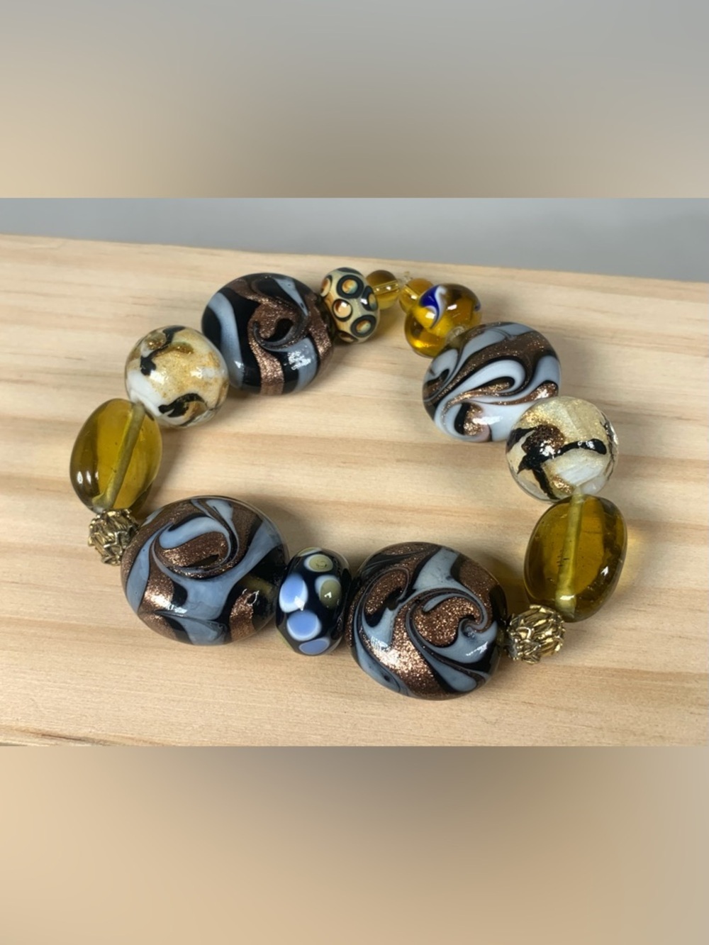 Vintage Multicolor Murano Lampwork Glass Beaded Stretch Bracelet 7.5”